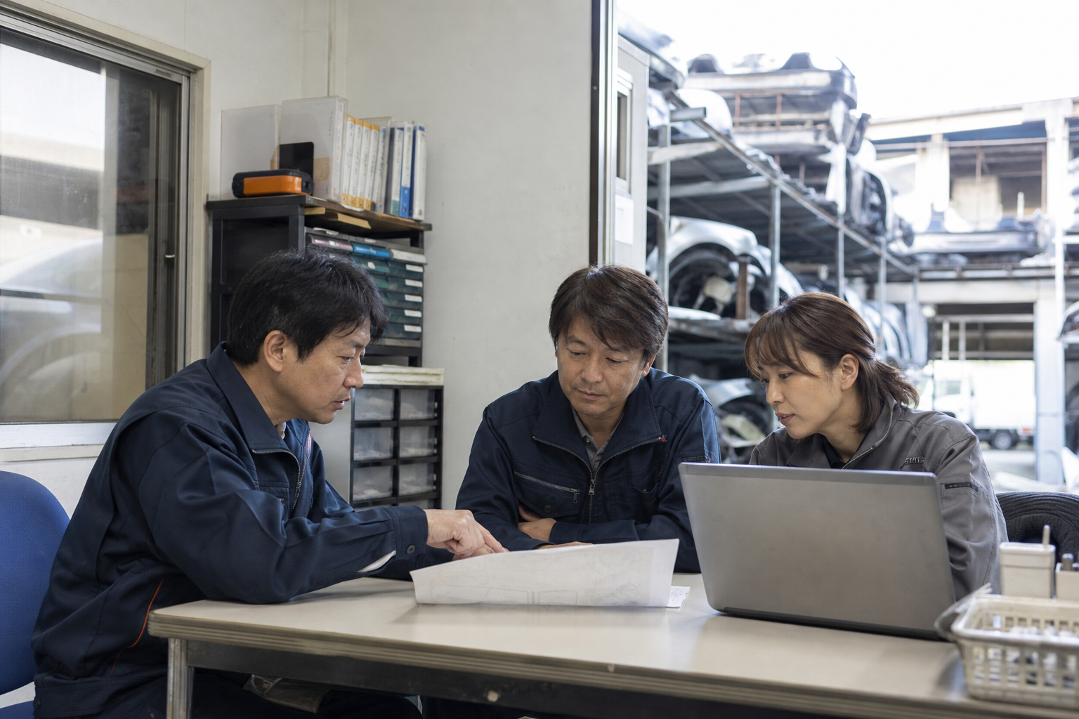 自動車リサイクルの現場で相談するスタッフ